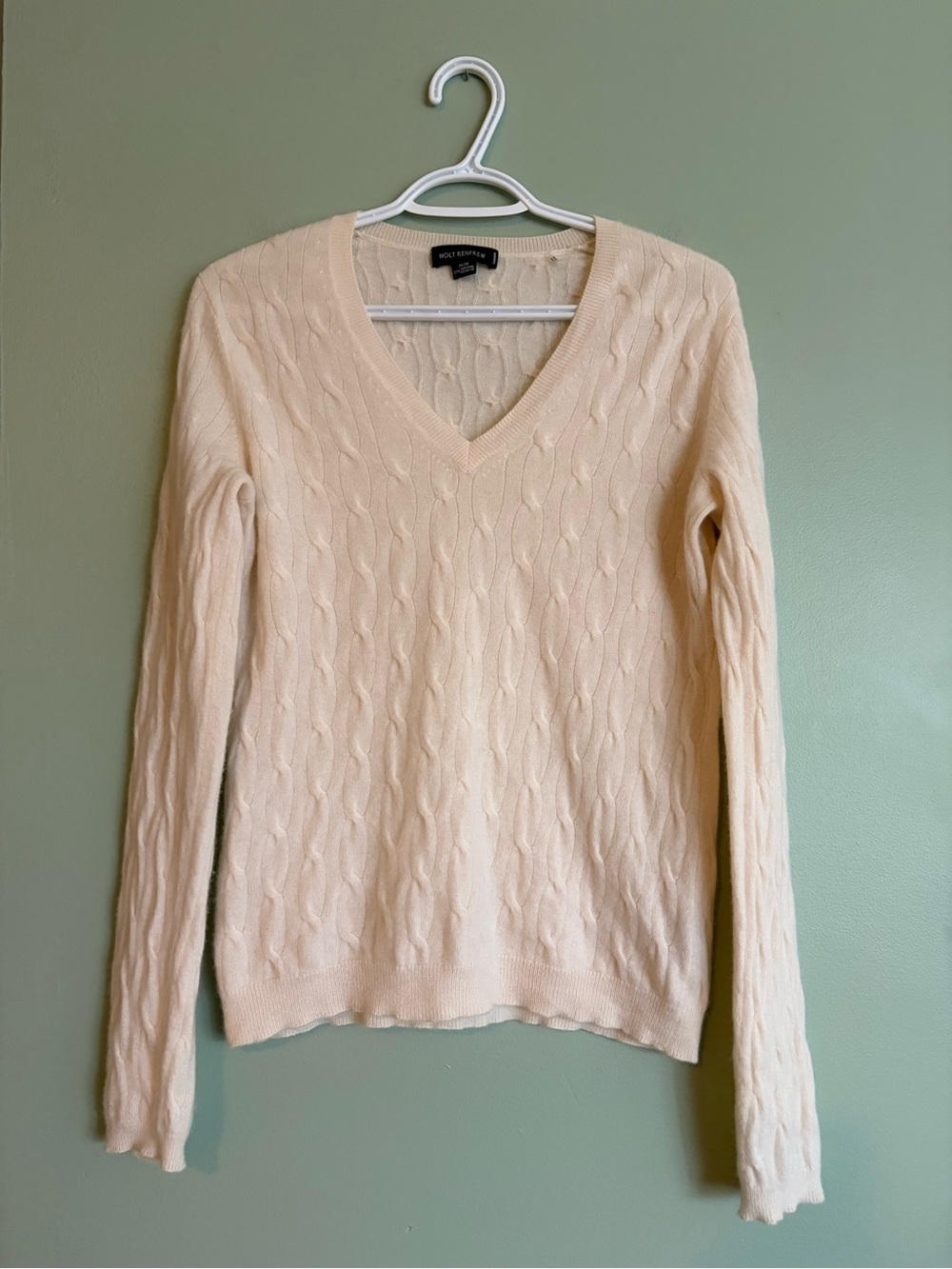 Holt Renfrew 100% Cashmere Sweater M Cream Cable Knit V Neck Luxury Old Money